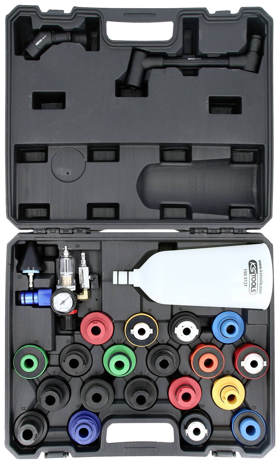 A case containing various coloured adapter parts and tool accessories. A pressure gauge and a bottle are located top left.