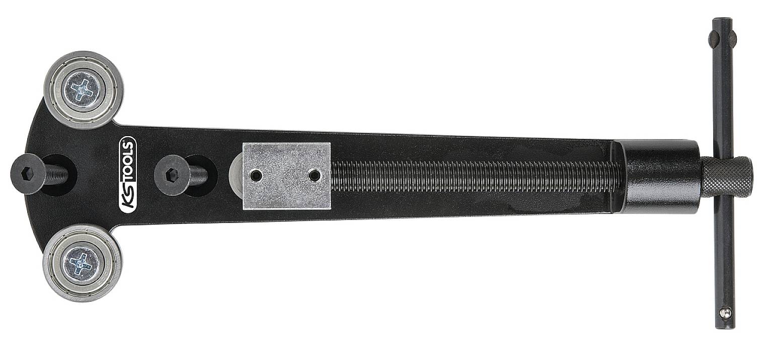 Tool for rear axle alignment, black metal element with two round discs and a T-handle.