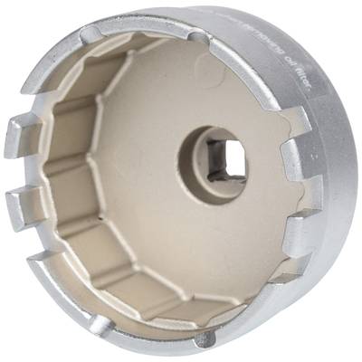 A metallic tool shaped like a socket, with a toothed interior, used for installing or removing specific filters.