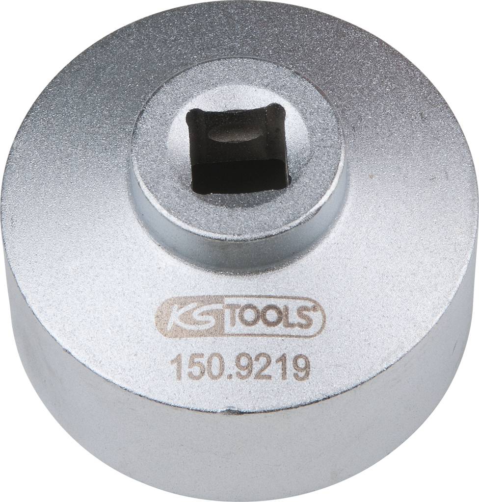 'Silver, round tool holder with a square opening in the centre; engraved with the text "KS Tools 150.9219".'
