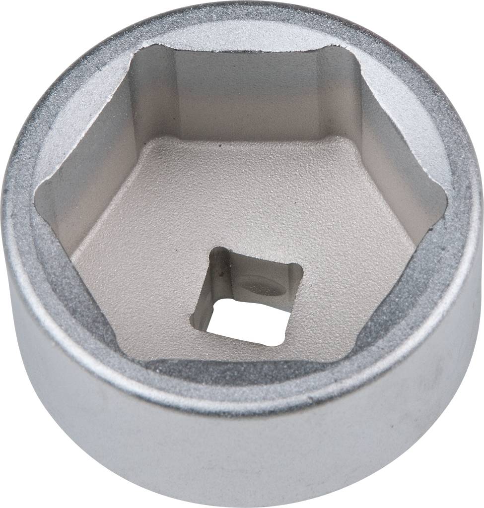 Silver-coloured socket spanner, hexagonal, with an internal square opening for attachment to a tool. Suitable for nuts or bolts.