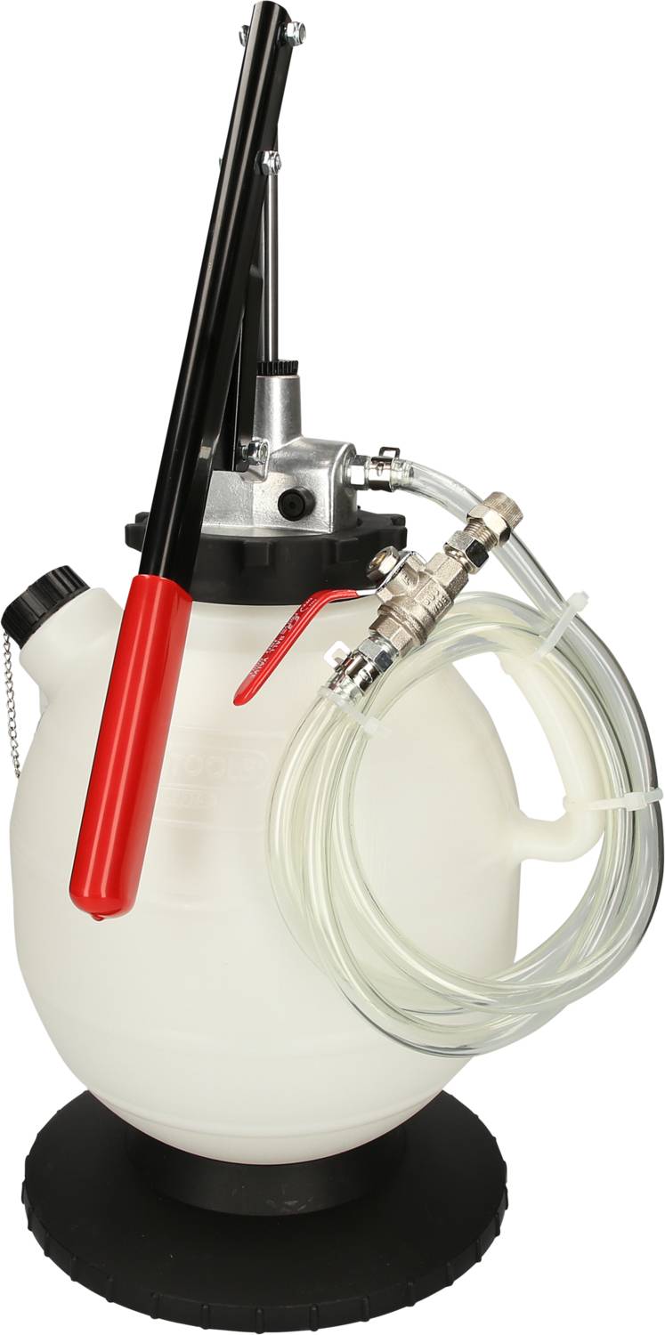 A white hand pump with a red handle and transparent hose, used for liquid transfer or compressed air applications.