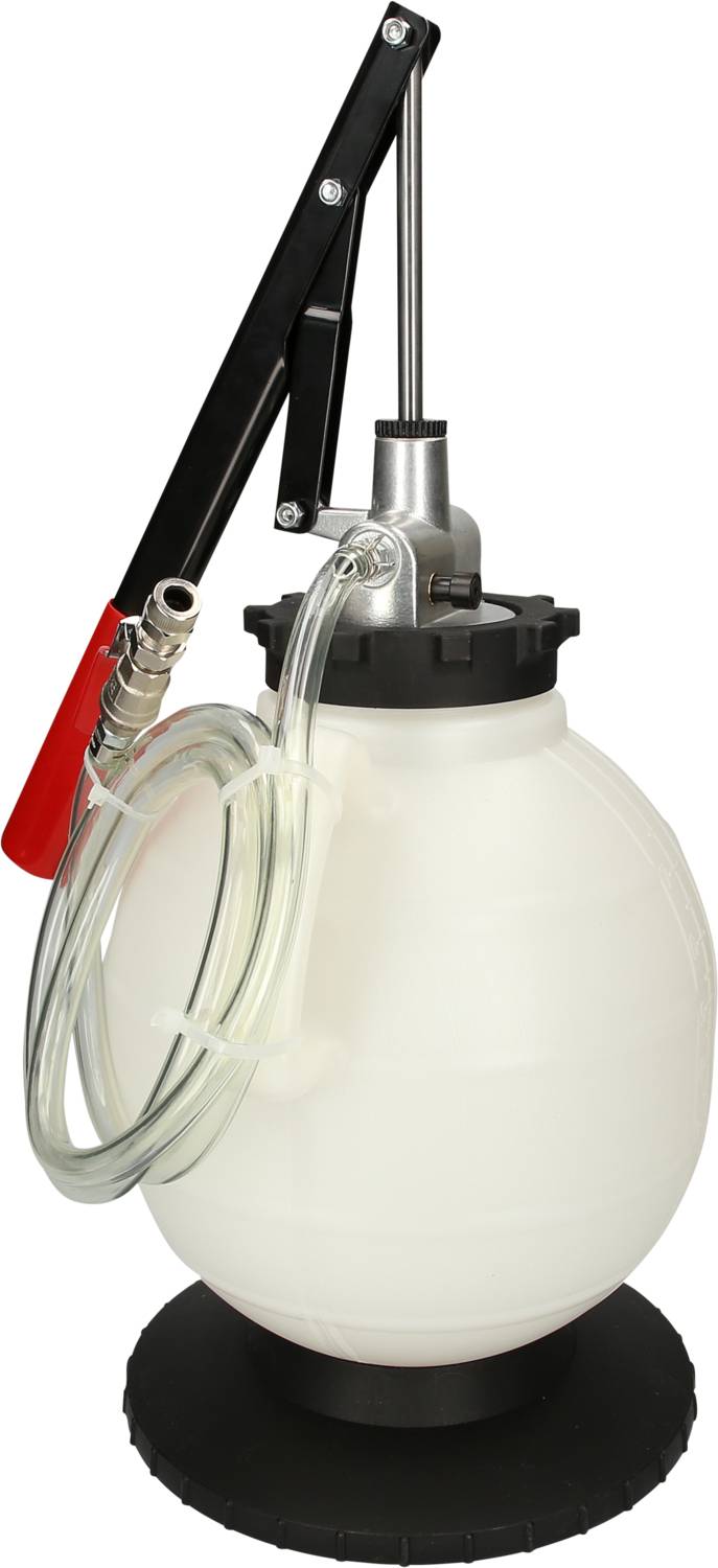 'Oil pump device with long hose and red-black hand lever. Suitable for simple oil extraction and decanting during maintenance work.'