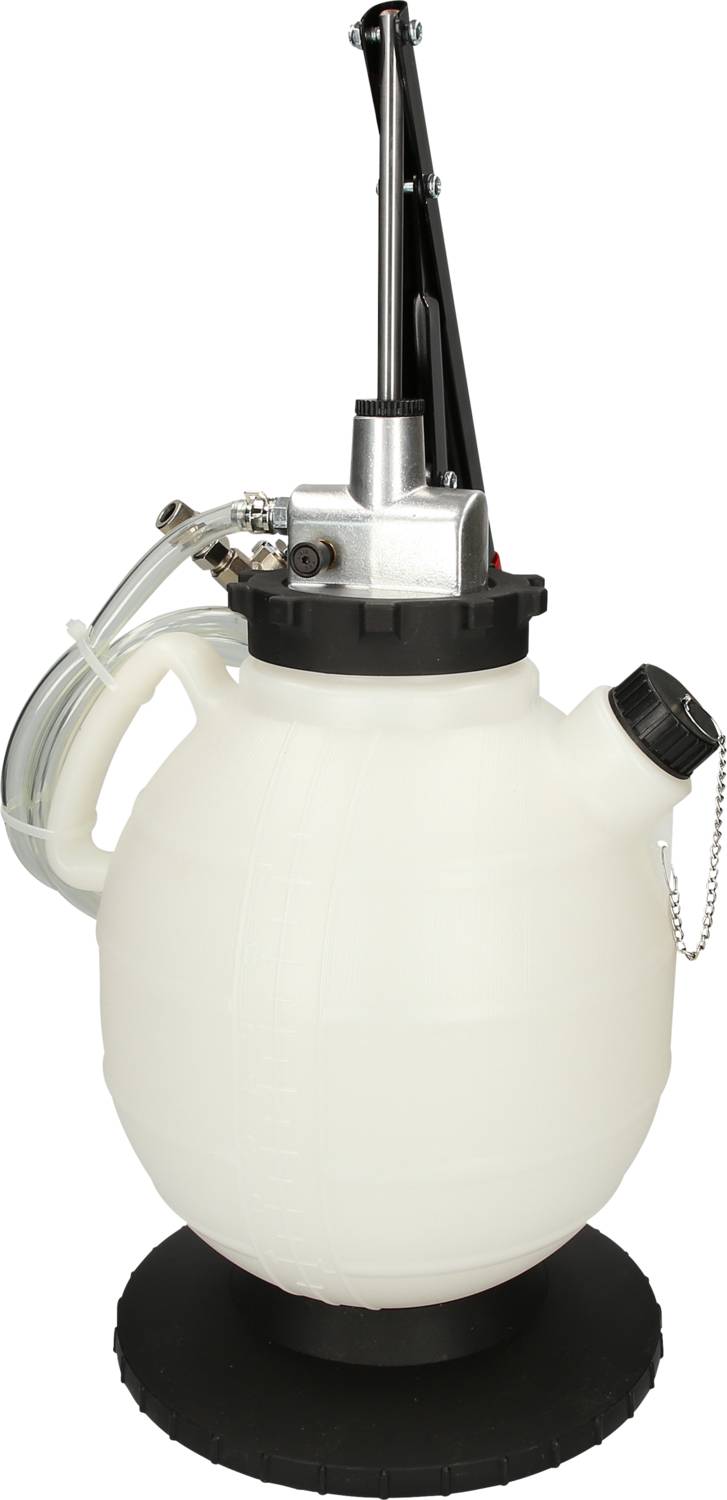 'White plastic spray container with black handle and hose on the side.'