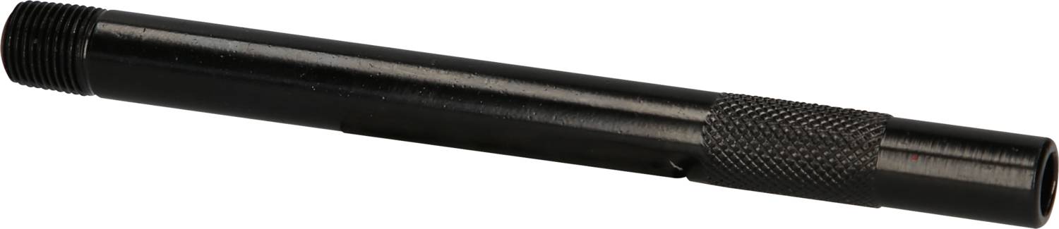 Black metal tube with ribbed grip area and external threads on both sides.