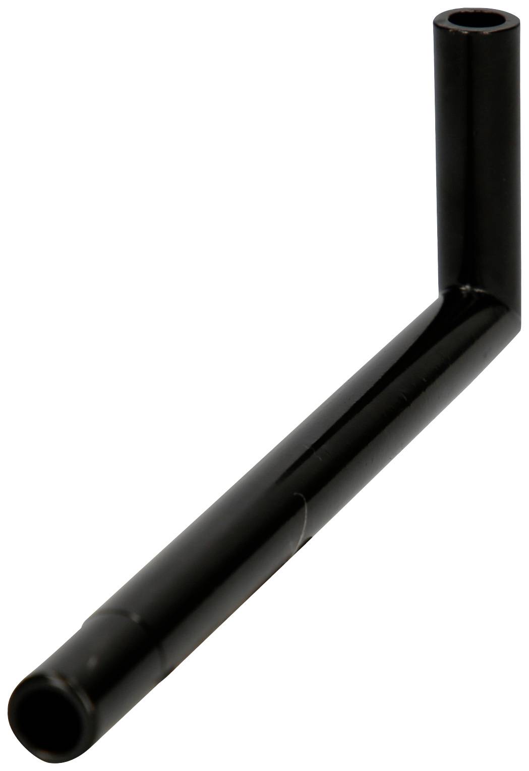 A black, L-shaped hollow pipe made of plastic.