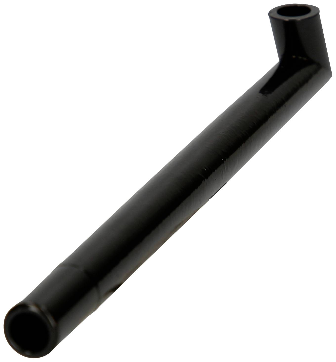 A black, curved metal pipe with varying diameters at its ends, potentially part of a mechanical system.