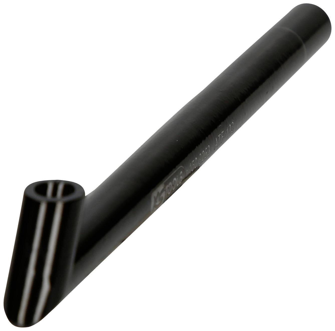 Black metal pipe with valve connection, photographed from the side against a white background.