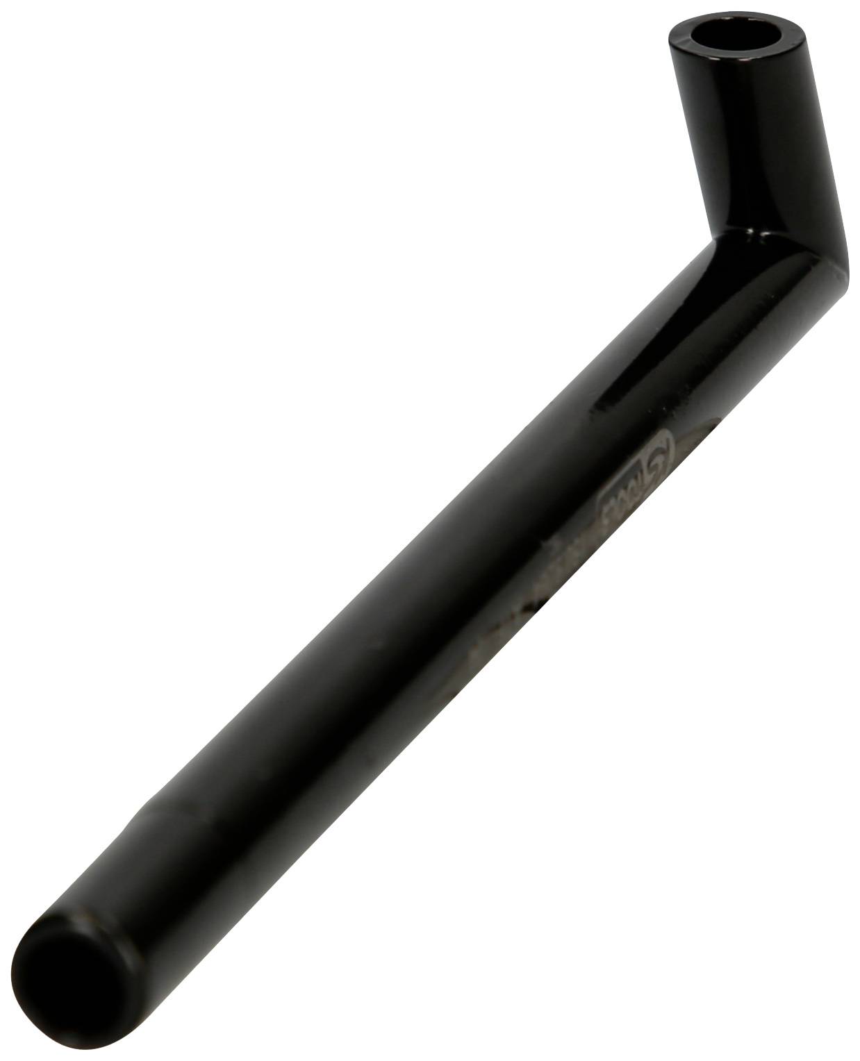A black, right-angled bent metal rod with cylindrical ends lies on a white background.