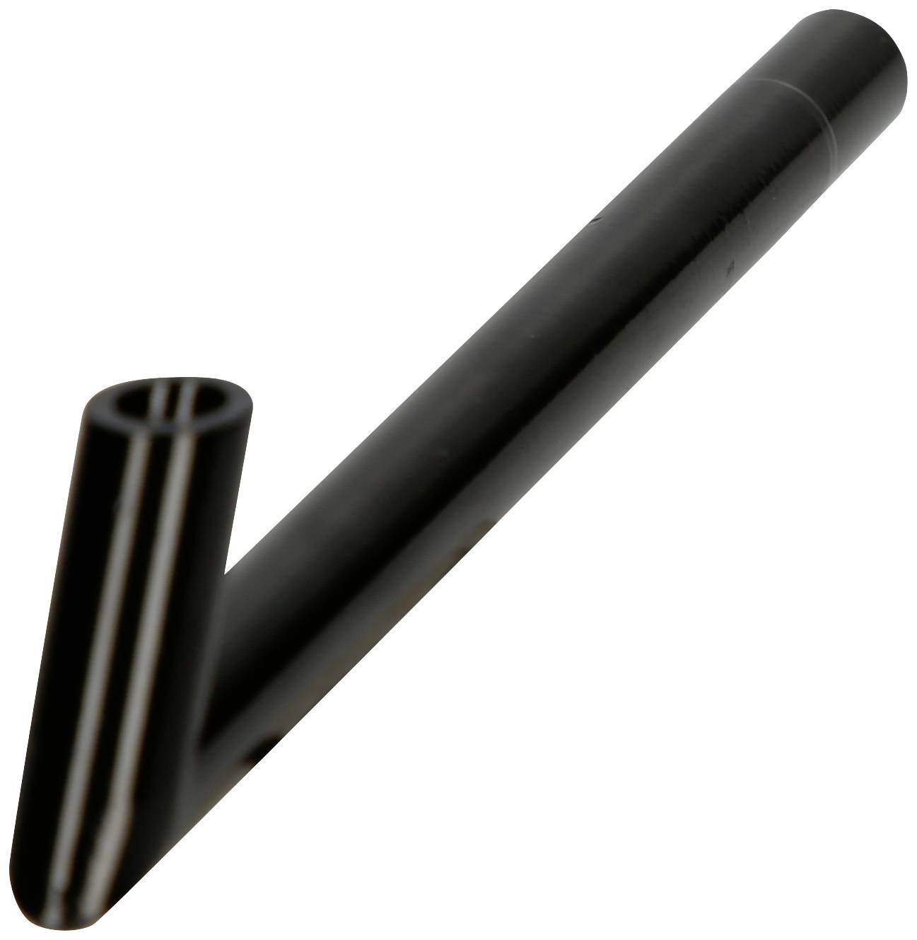 Black, curved metal piece with a cylindrical shape and a 90-degree angle. Could be a pipe or a mechanical component.