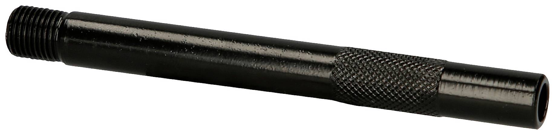 A black, long metal rod with a knurled grip area and thread at one end.
