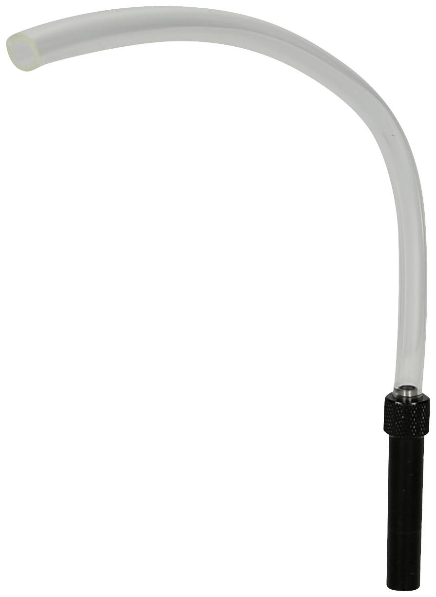 White, curved plastic pipe with a black adapter at the bottom. Used for transporting or connecting liquids.