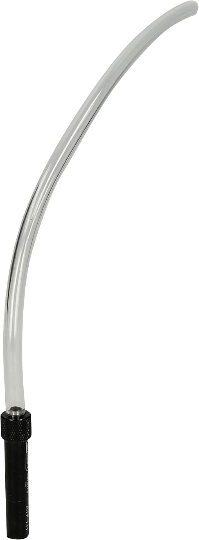 A transparent, curved tube with a black handle, presumably a tool or piece of equipment.