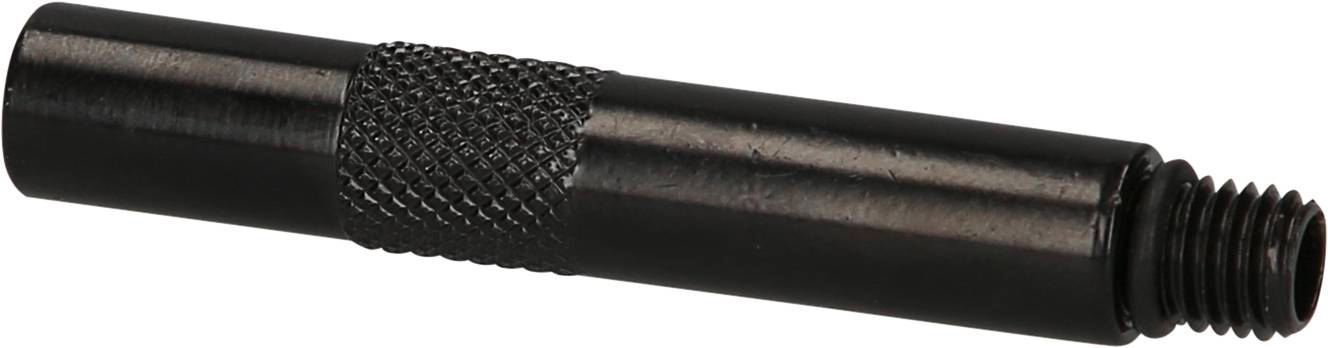 Black, cylindrical metal adapter with a knurled grip area and threading at one end. Used for securely connecting components.