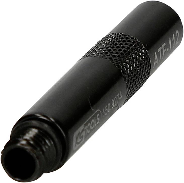 A black adapter with the inscription 'ATF-112', used for measuring liquid levels. Ribbed surface for better grip.