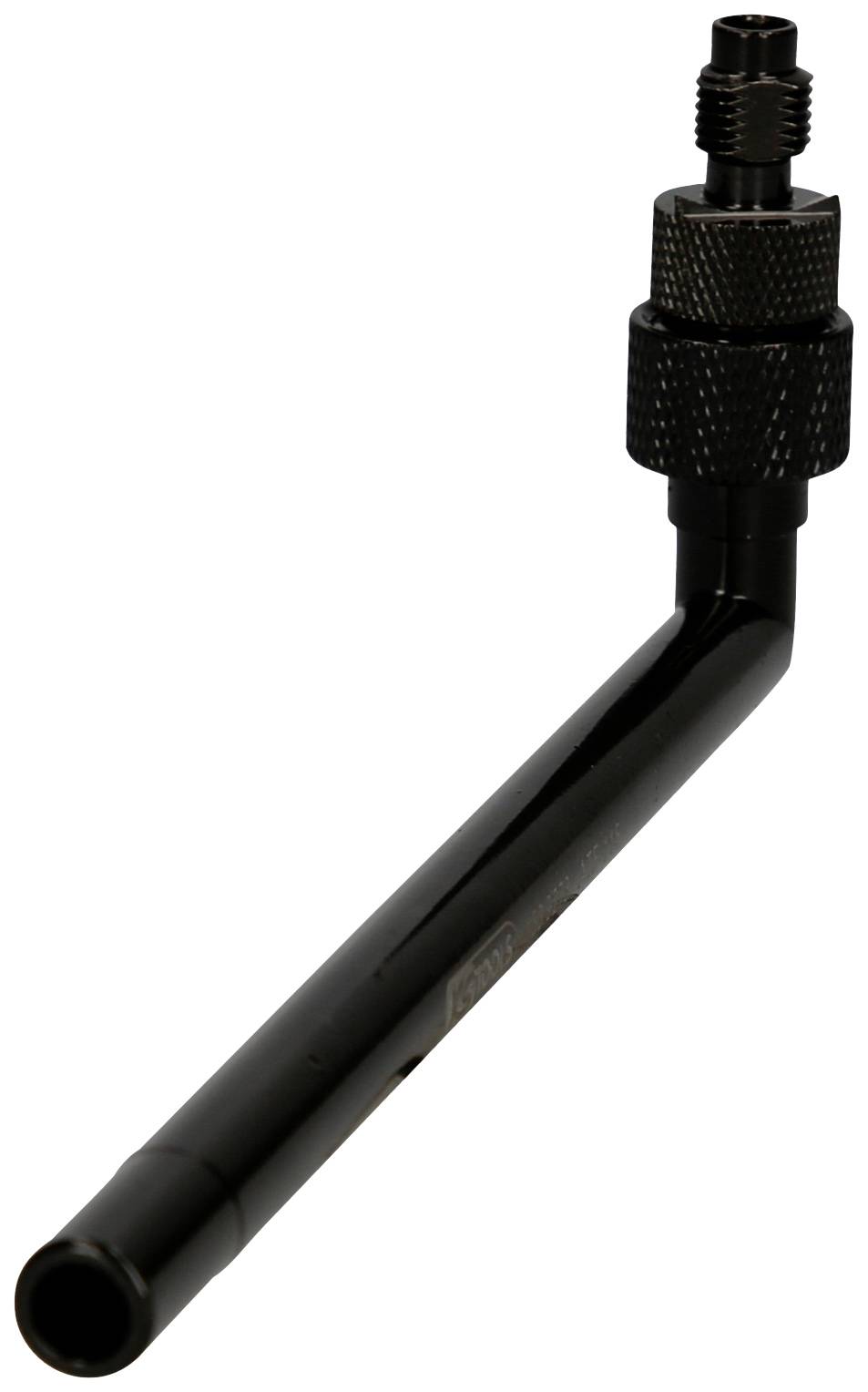 Black L-shaped pipe with a knurled connection at the top. Suitable for use in technical or mechanical applications.