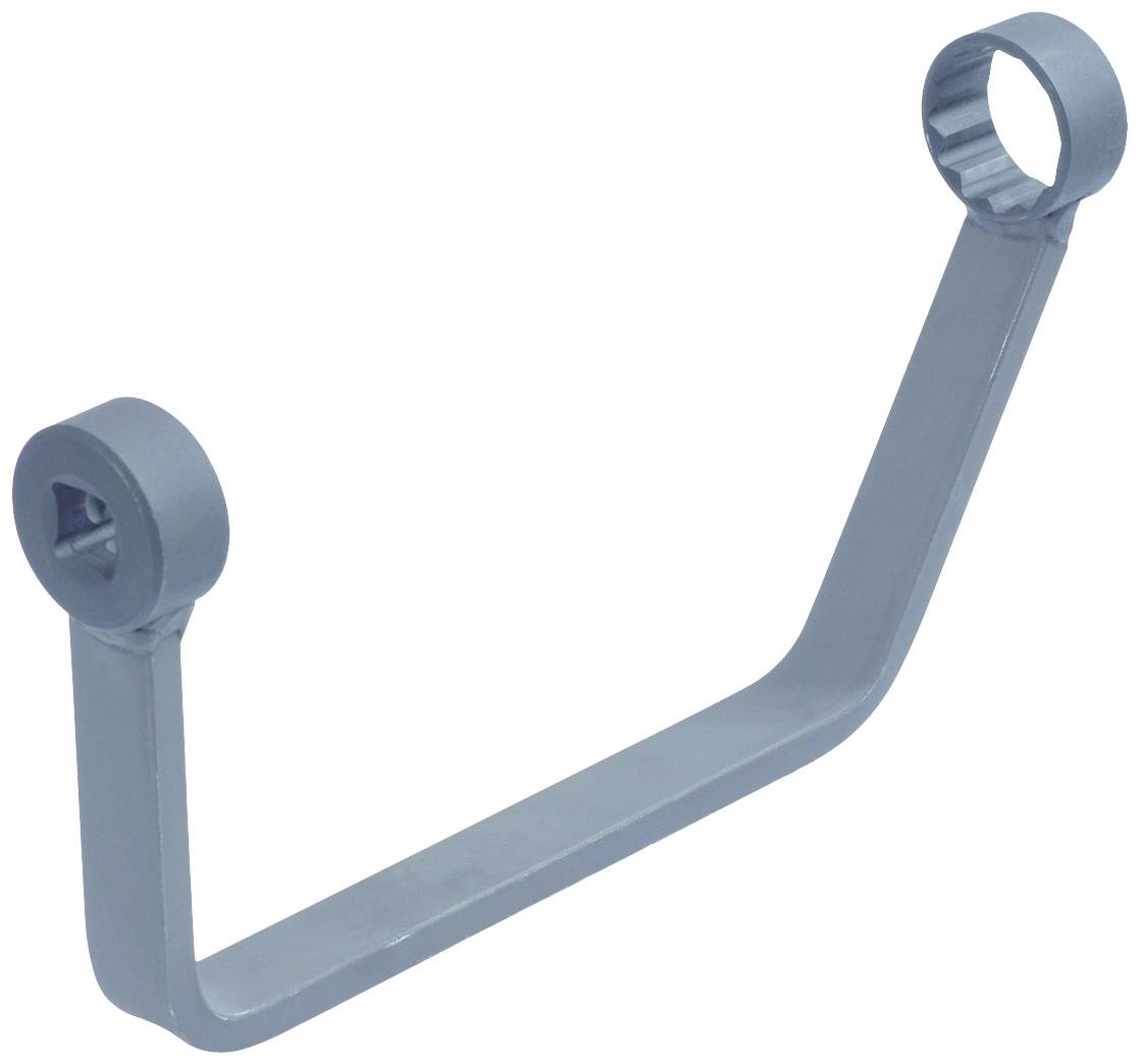 Metal holder with two circular openings at the ends, potentially for securing components or pipework.