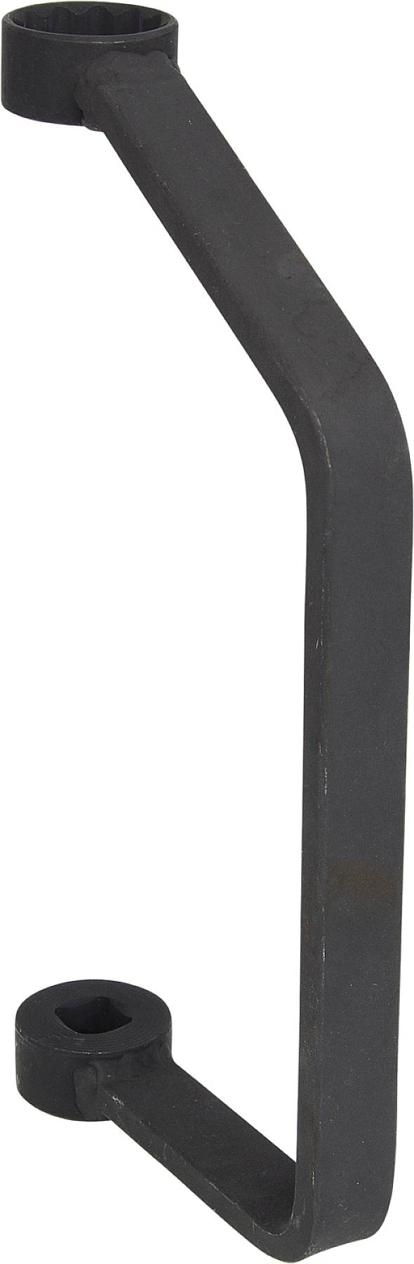 A black hand tool with a rectangular cross-section, curved design and square openings at both ends.