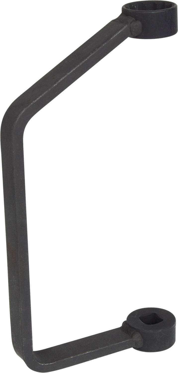 An L-shaped, black double ring spanner, likely suitable for heavy-duty or large-sized nuts or bolts.