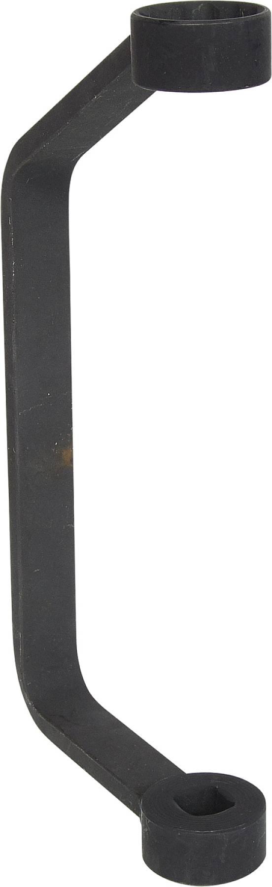 Black metal tool handle with a rectangular cross-section, upper and lower round openings, bent in a Z-shape.