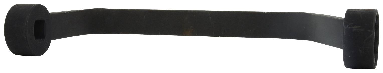 A black, curved metal part with two round ends. It appears to be a component of a machine or vehicle part.