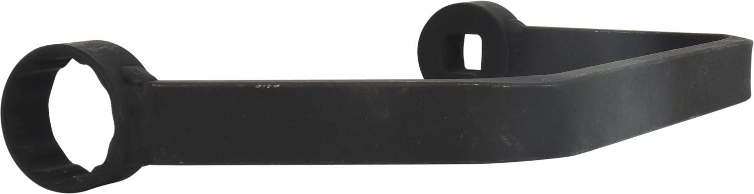 A black spanner with two different openings at the ends, one round and the other rectangular.