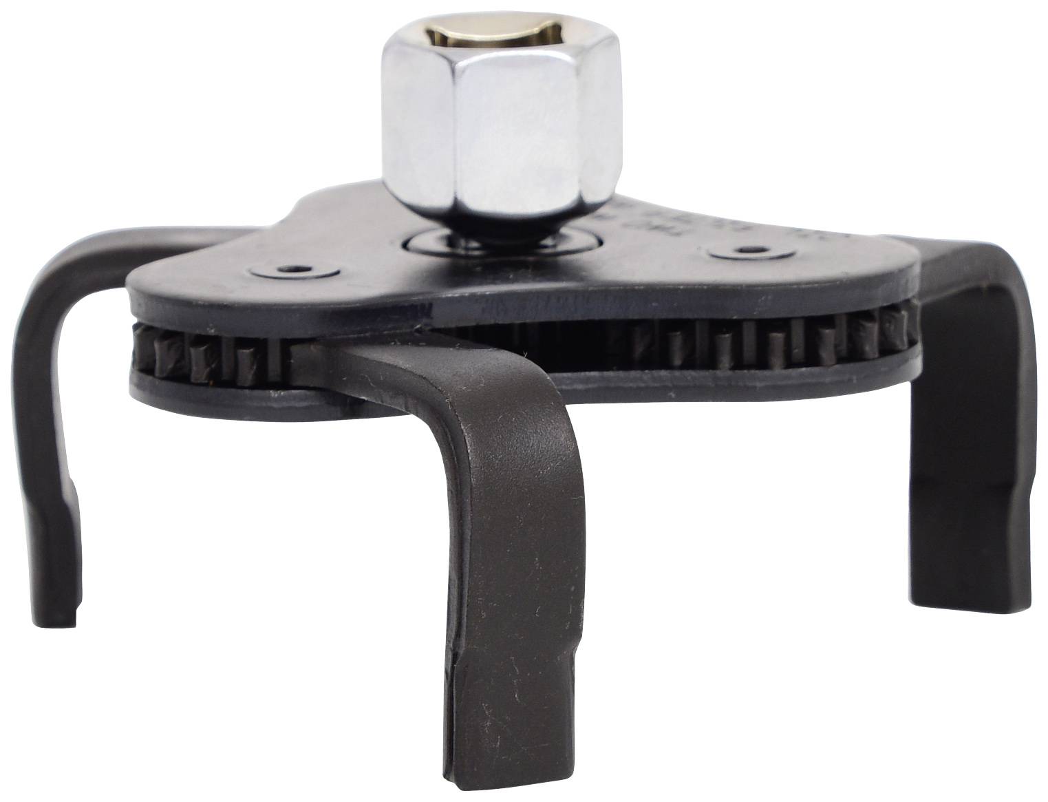 An oil filter wrench with three adjustable claws and a hexagonal nut on top for attachment to a tool.
