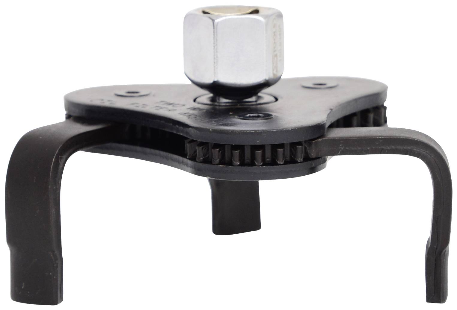 An oil filter spanner with three adjustable arms and a central threaded screw. Used for removing oil filters.