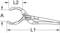 Technical drawing of a pair of pliers with dimensions. L1 and L2 indicate the length, A the opening width of the pliers.