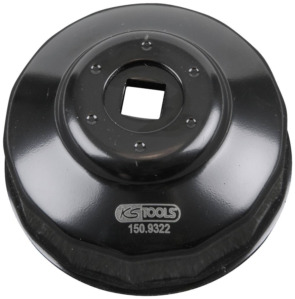 Black metal oil filter wrench with a square opening in the centre, marked 'KS TOOLS 150.9322'.