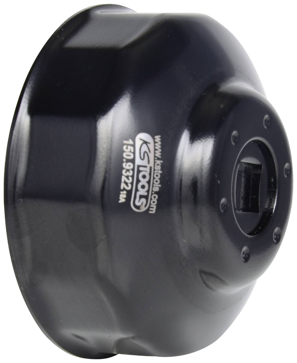 A black oil filter wrench with the inscription 'KS Tools 150.9322' on the side, suitable for removing oil filters from vehicles.