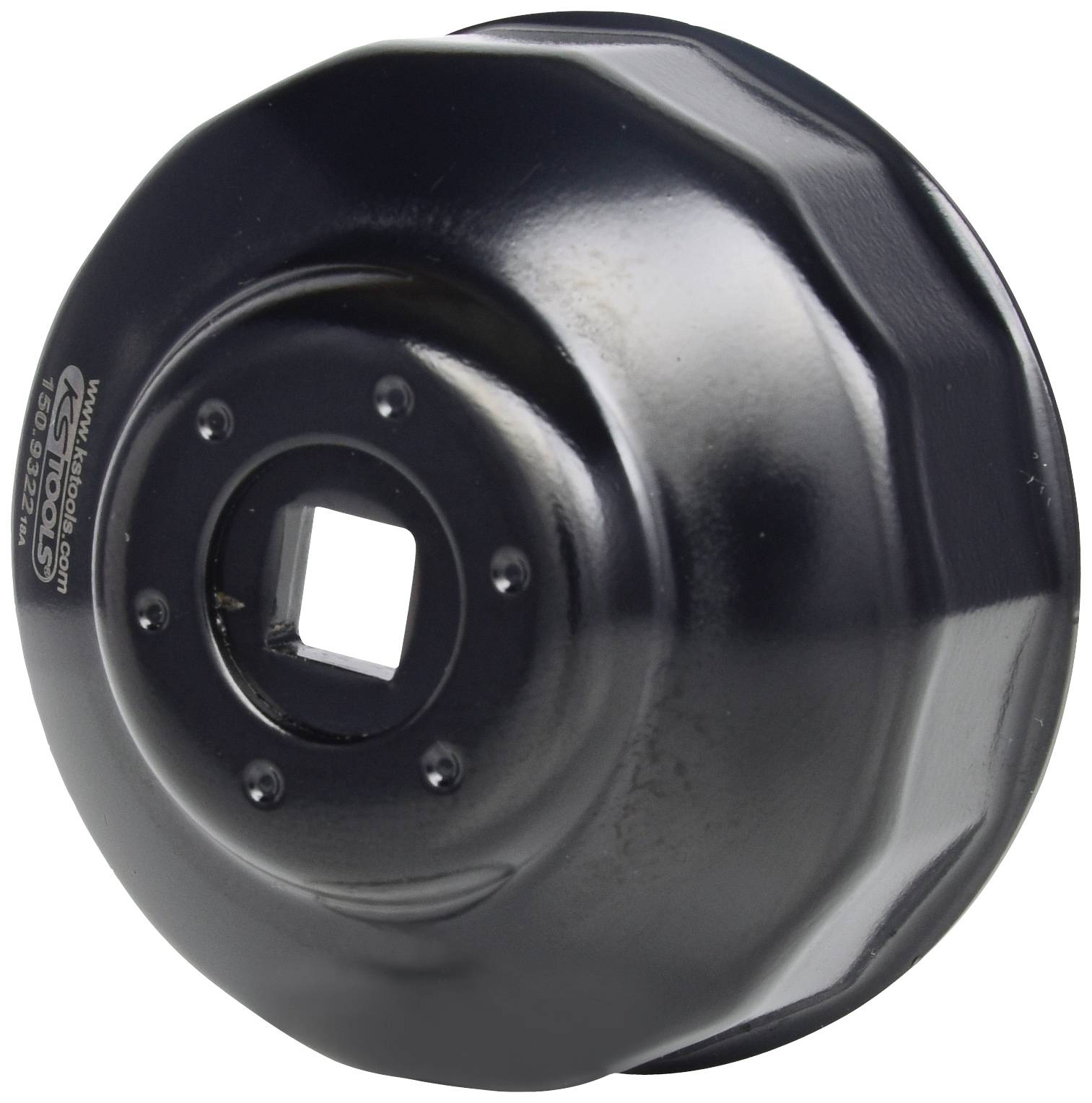 Black, round metal flange with a square opening in the centre. Serves as a mechanical component or cover.