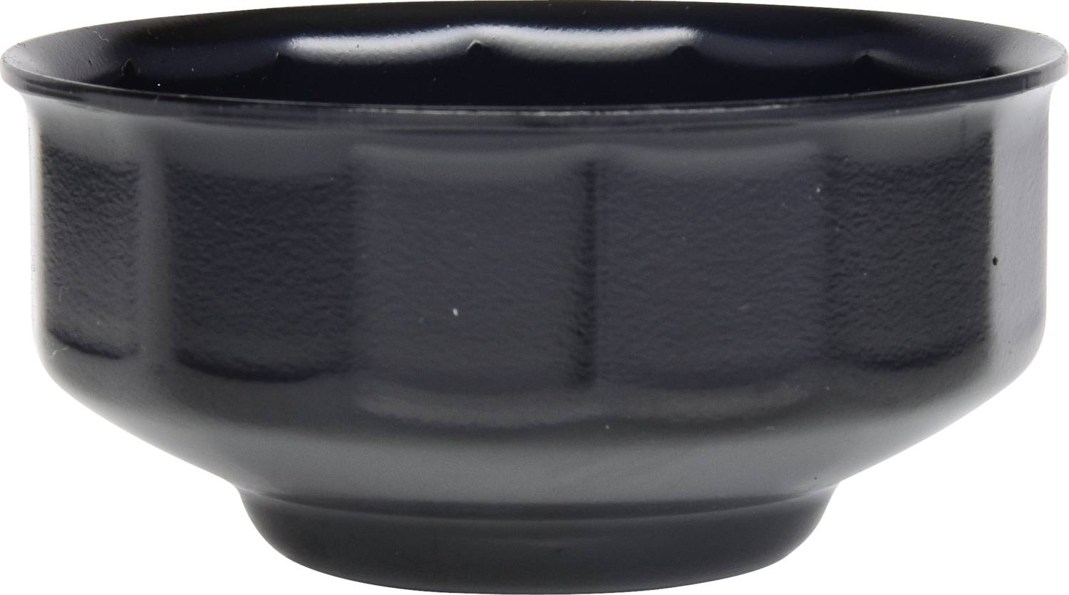 A black, round bowl that is smooth and has a slightly textured surface. It sits on a flat surface.