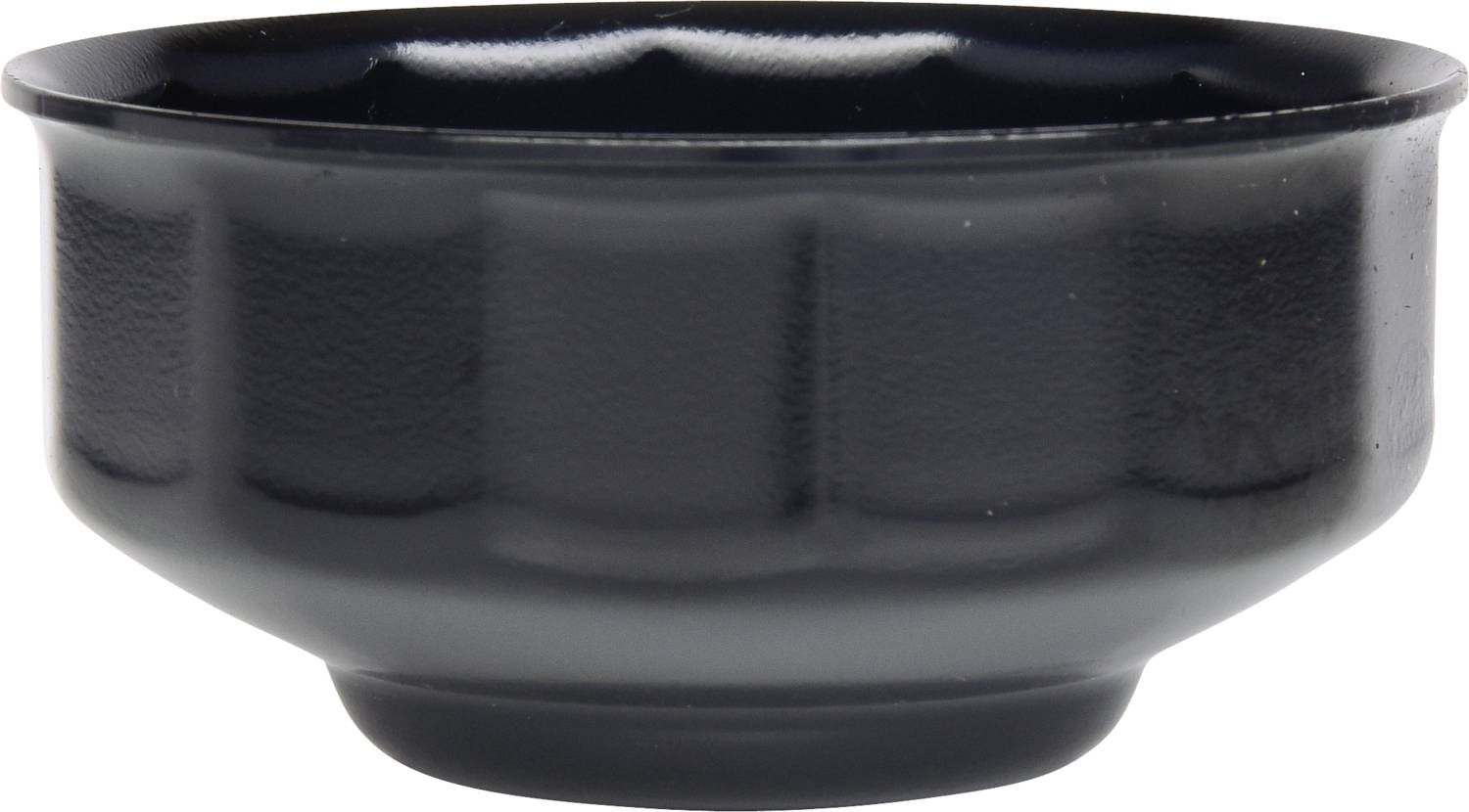 Black, round bowl with a smooth finish, on a light background.