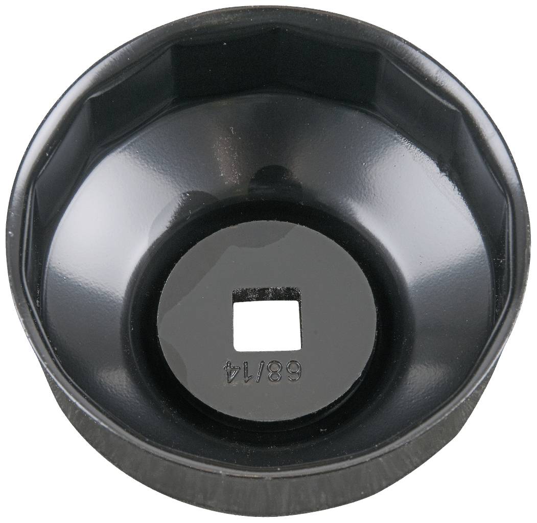 A black oil filter key with a square drive, round and made of metal. Suitable for vehicle maintenance and oil changes.