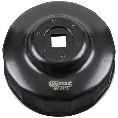 A black oil filter wrench from KS Tools, model number 150.9323, with a square opening in the centre.