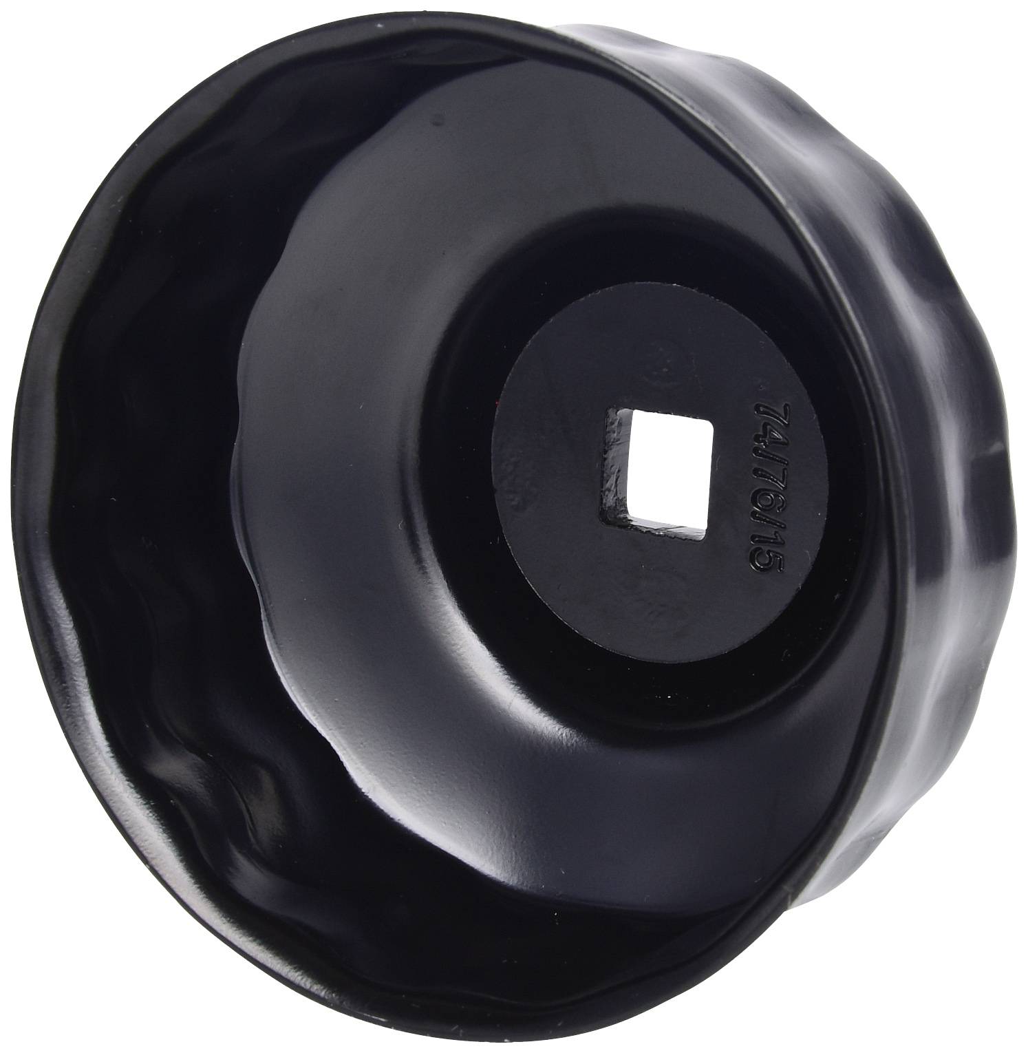 Black oil filter wrench with a wavy edge and a square opening in the centre, used for removing car oil filters.