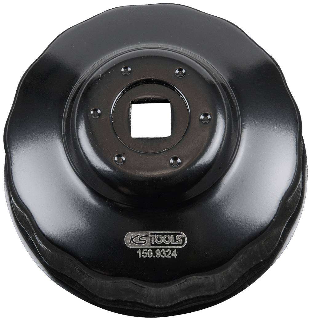 Black oil filter wrench with square opening and inscription 'KS TOOLS 150.9324'. Suitable for vehicle maintenance.