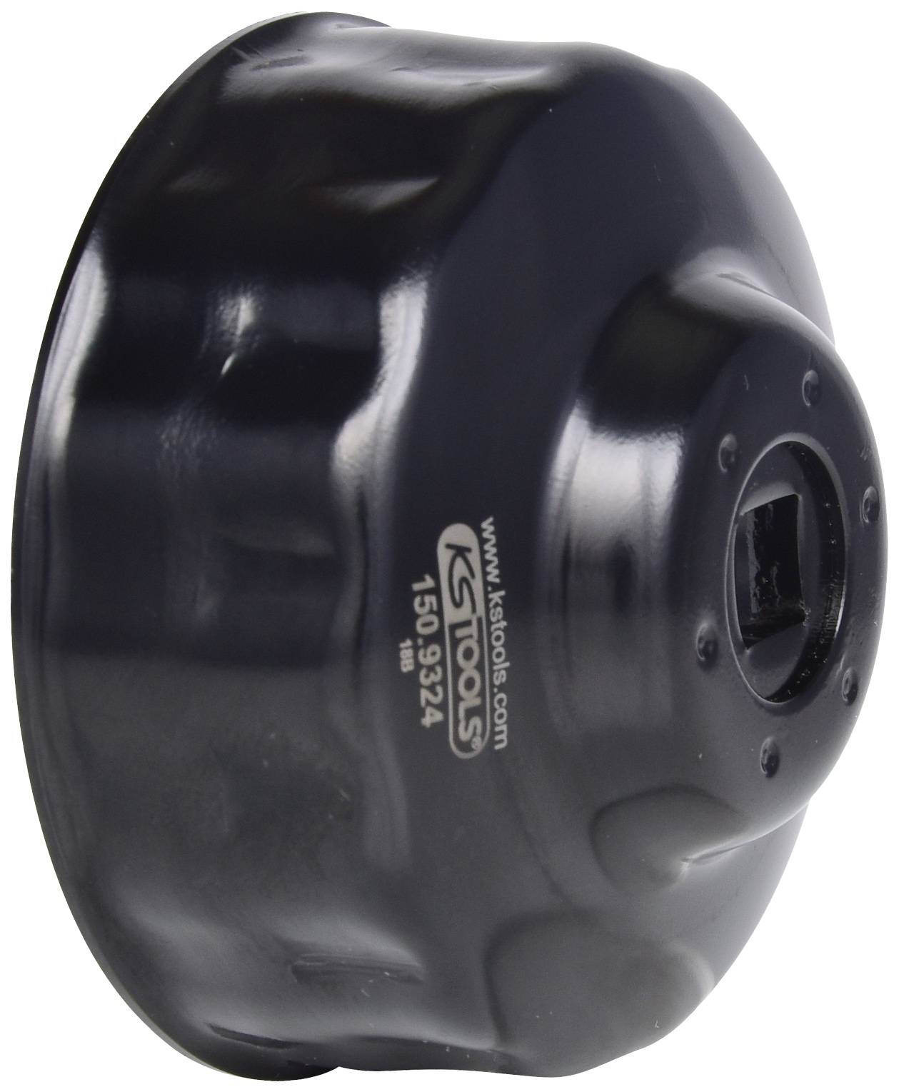 Black metal oil filter puller with a round, ribbed shape and a square opening for a tool in the centre.