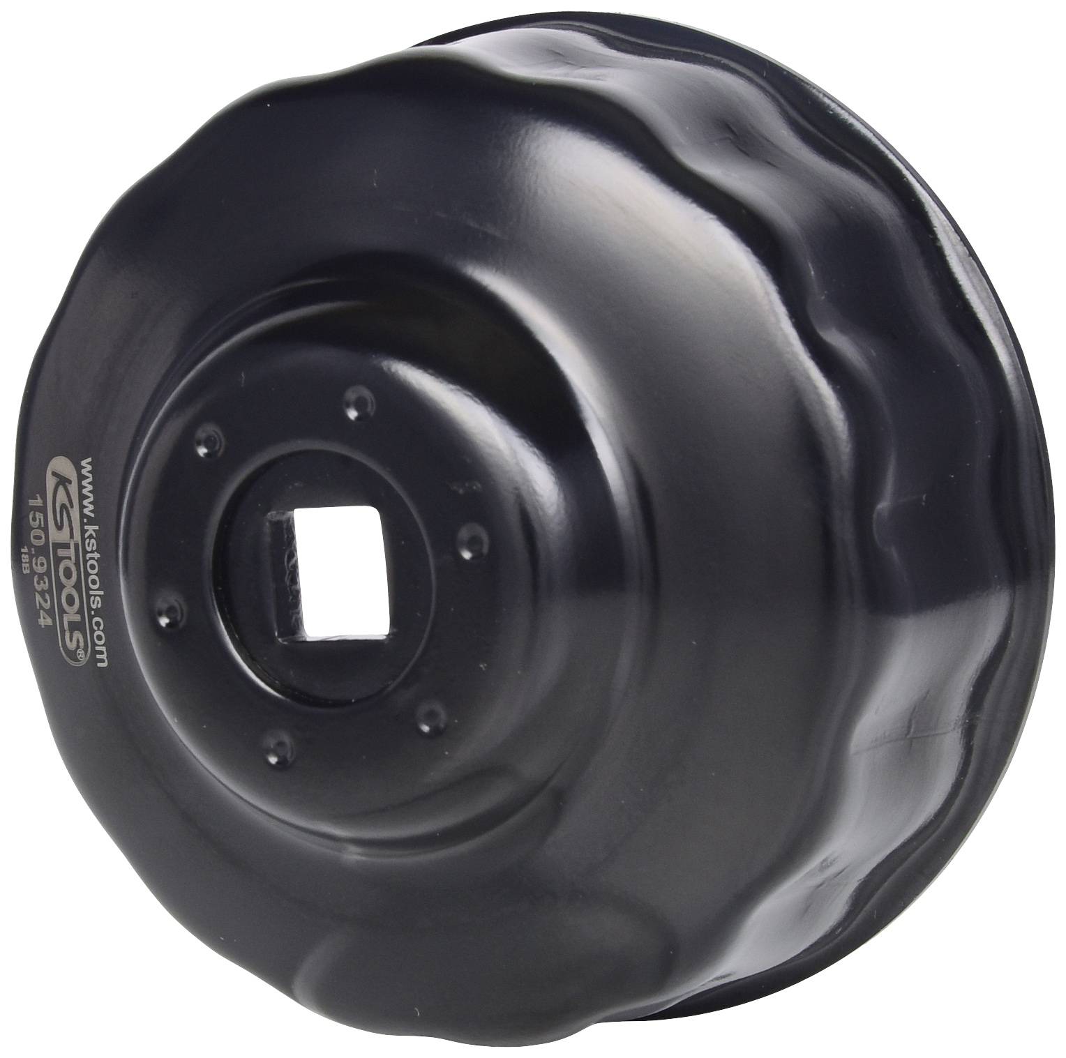 Oil filter wrench in a circular shape, black, with a square opening for attaching a tool, suitable for vehicle maintenance.