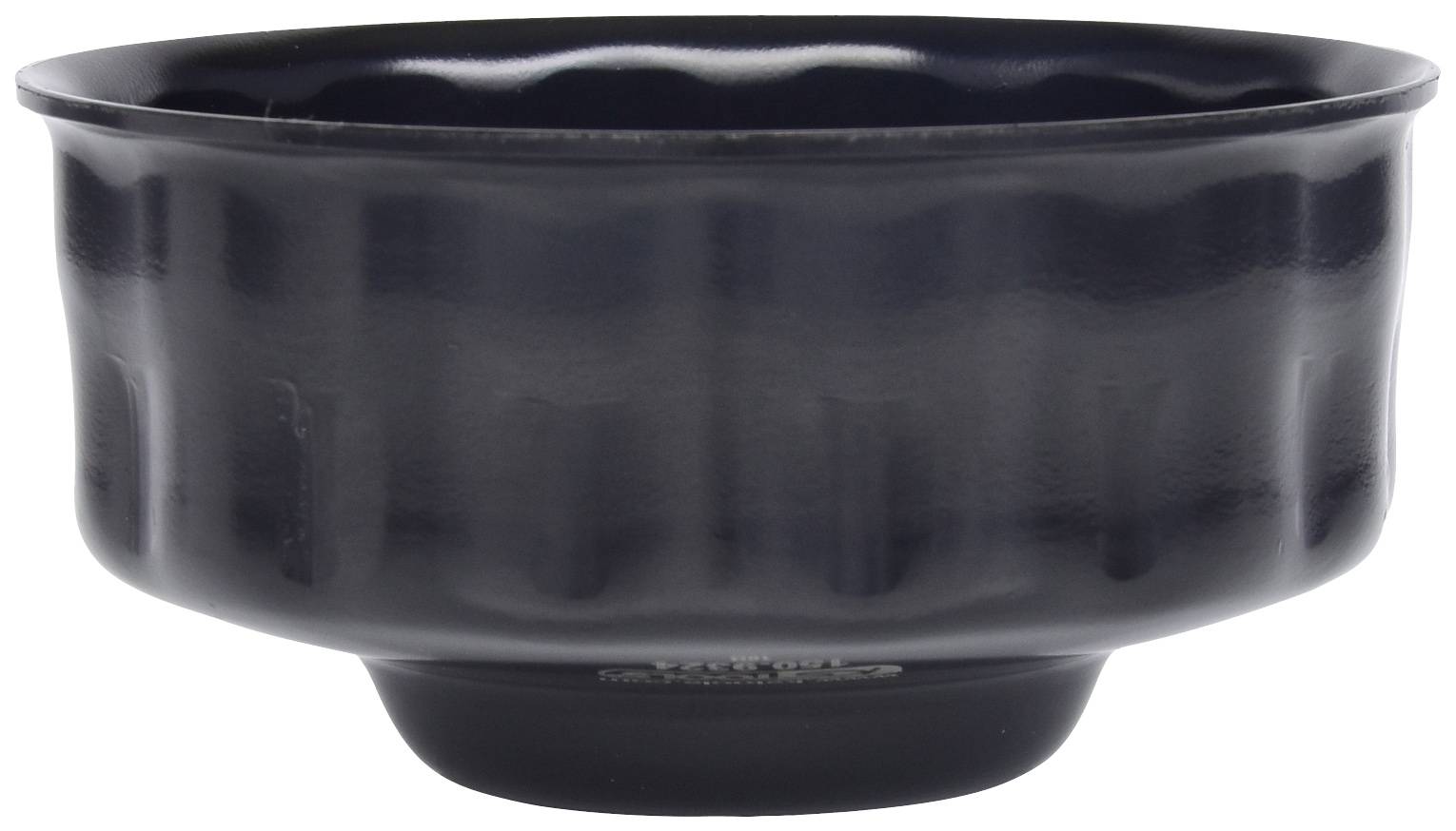 A black bowl with a wavy surface, viewed from the side.
