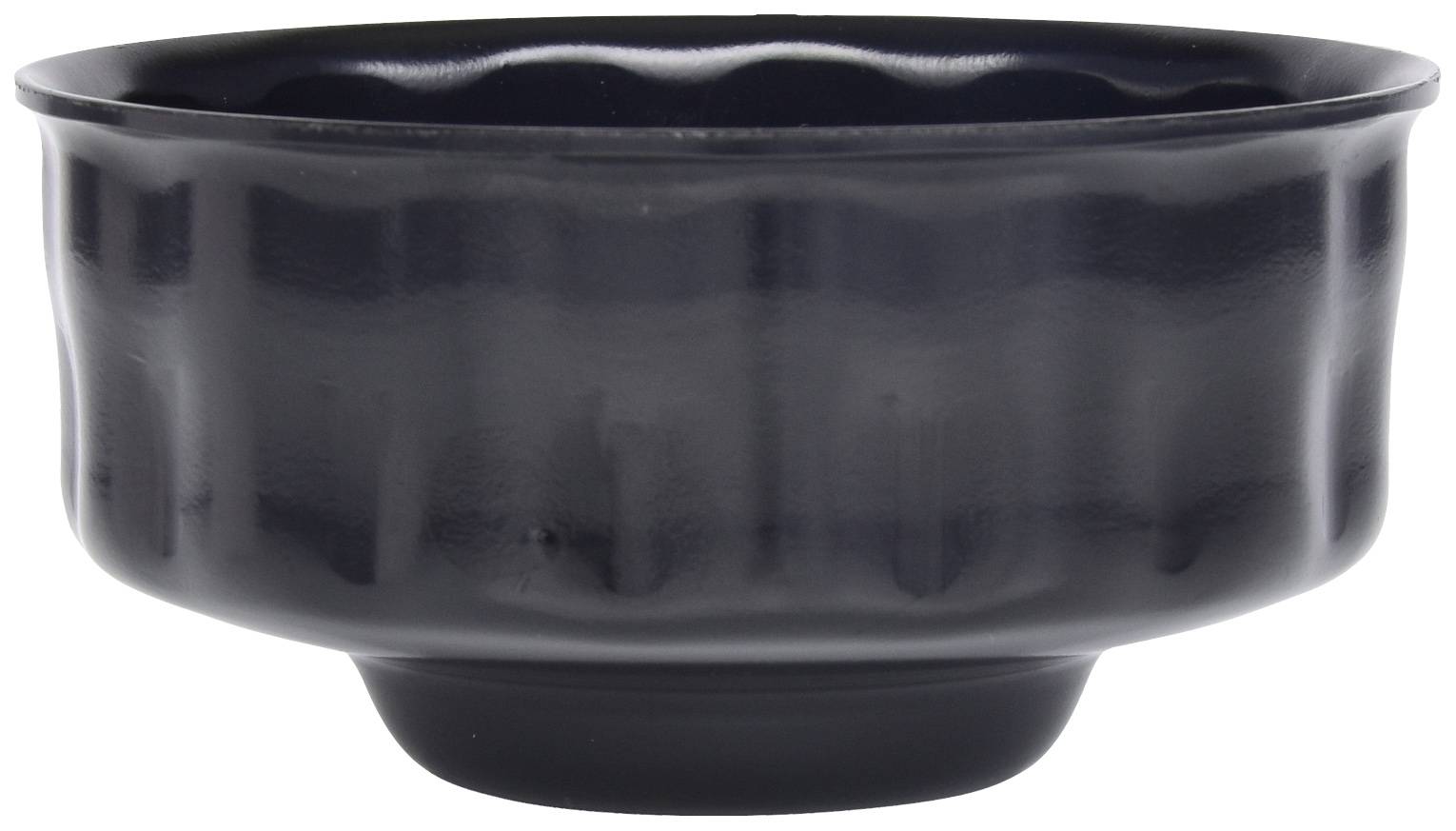 A black ceramic bowl with a wavy rim and smooth surface, pictured from the front.