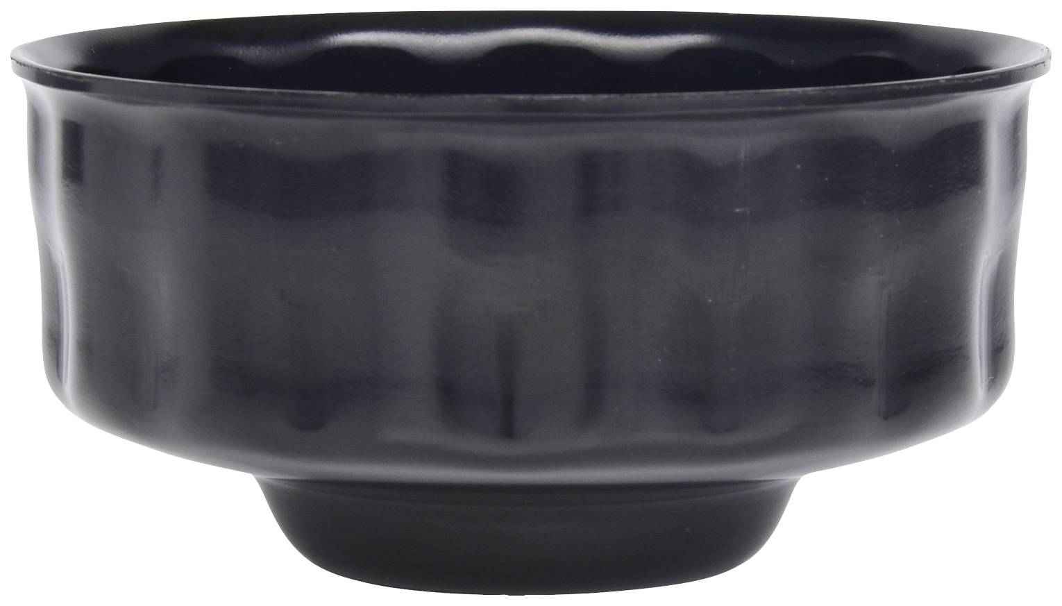 Black, round bowl with a slightly wavy edge, made of glossy material.