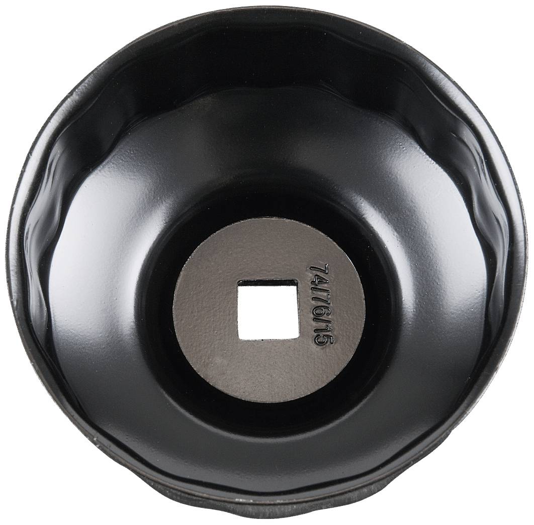 'Black oil filter wrench with a square opening in the centre, suitable for removing oil filters during vehicle maintenance.'