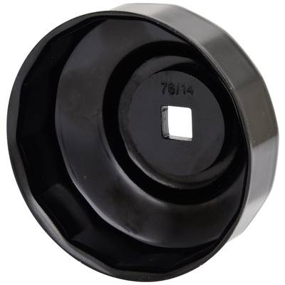 Black, octagonal oil filter wrench with a square opening in the centre, engraved with '76/14' to indicate size and type.
