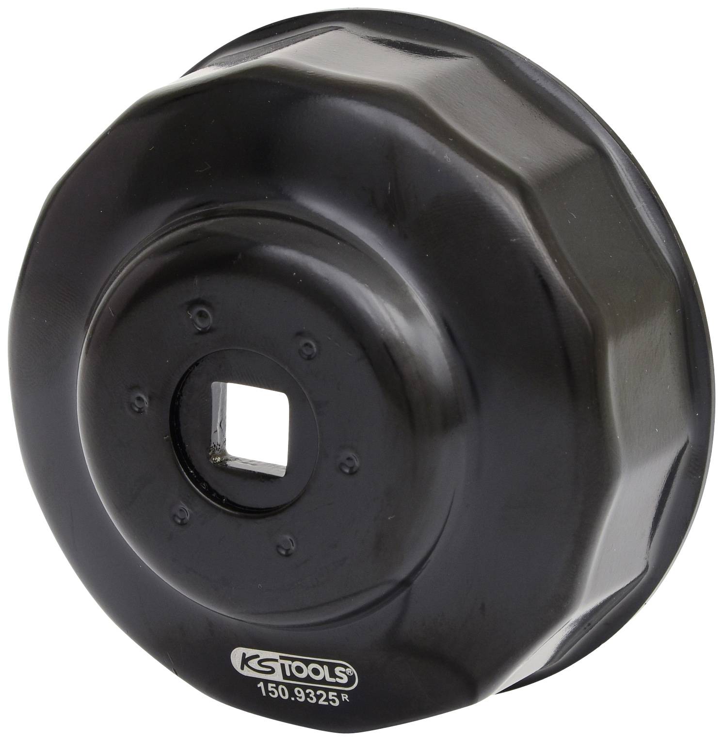 Black metal oil filter wrench with hexagonal shape, central hole and marking 'KS TOOLS 150.9325R'.