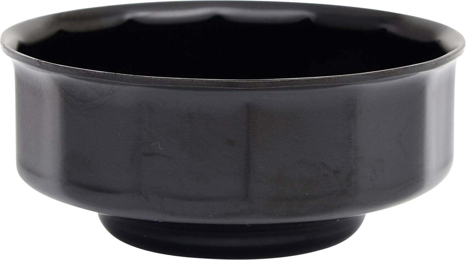 A black, round bowl with a smooth rim and wide base, made from a dark material.