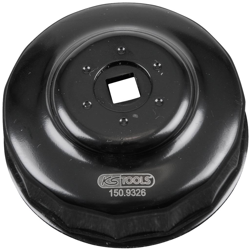 A black oil filter wrench by KS Tools, model number 150.9326, suitable for use across various vehicles.