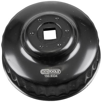 'Black metal oil filter wrench with square opening and ridged edge, marked with "KS Tools 150.9334" in silver.'