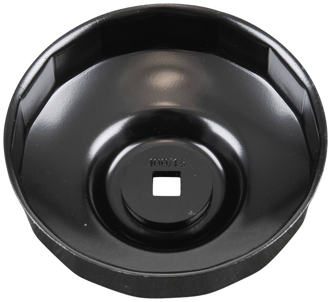 Black metal oil filter wrench, round in shape with a square aperture in the centre, for removing oil filters.